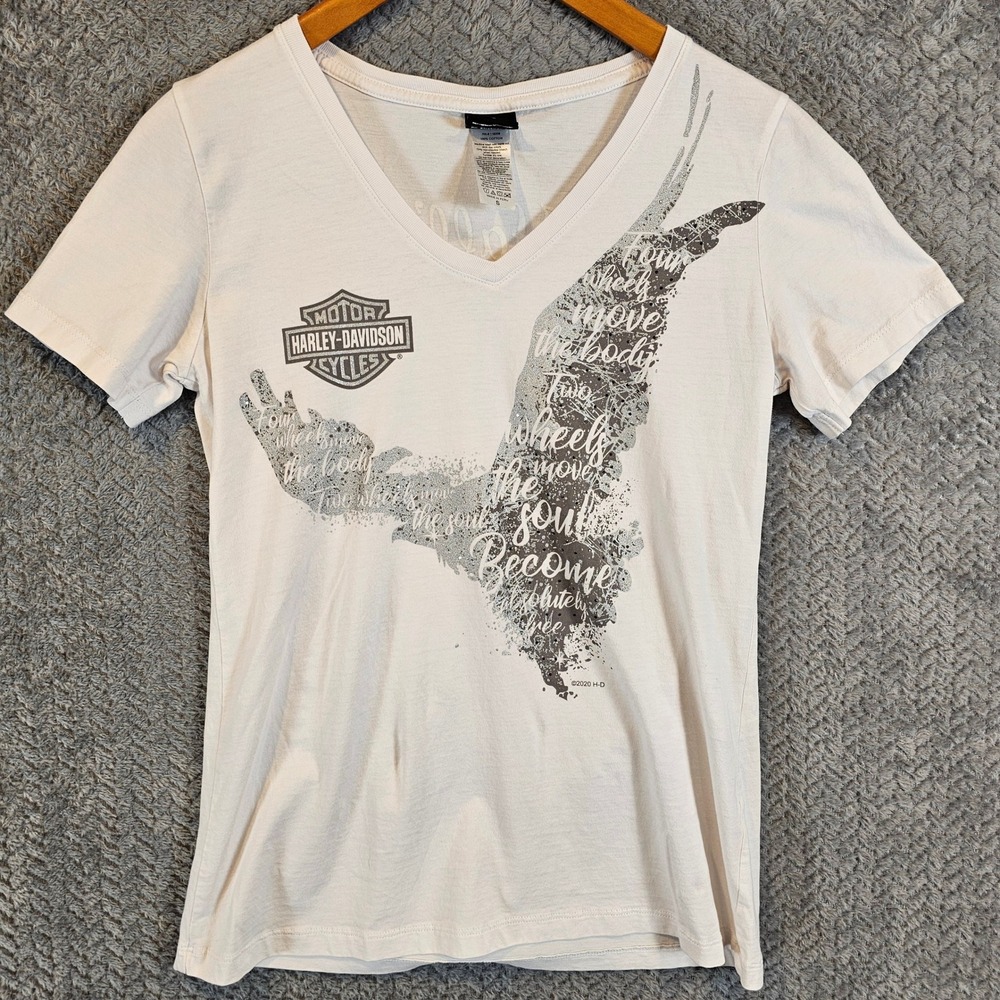 Harley-Davidson Womens V-Neck T-Shirt Cream Eagle Typography Springfield IL S - Picture 2 of 8